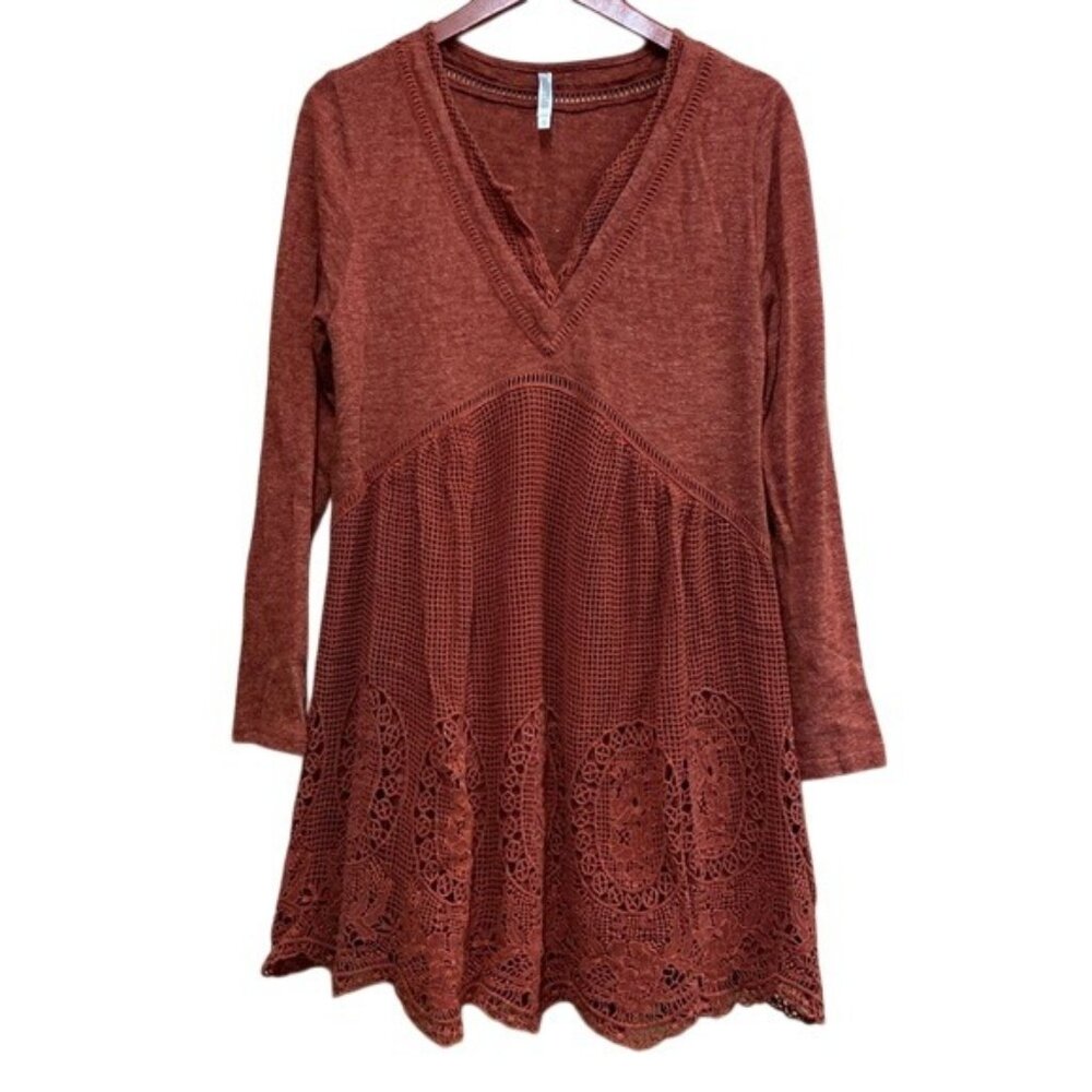 Monoreno Crochet Boho Babydoll Long Sleeve Dress Small